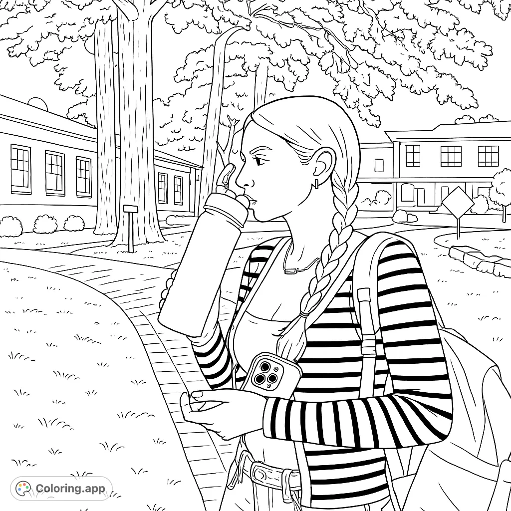 A young woman with braids drinks from a water bottle on a brick path at night, featuring striped clothing and a detailed background of trees and buildings.