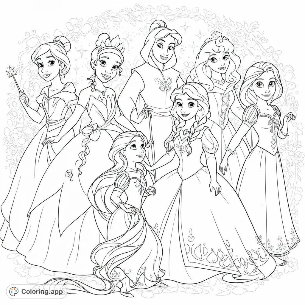 A delightful princess coloring page featuring Tiana, Aurora, Fairy Godmother, Merida, Anna, and Rapunzel, perfect for magical coloring fun!