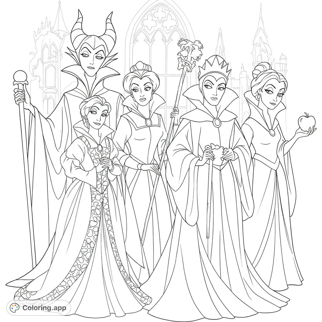 An enchanting free printable Disney villains coloring page featuring Maleficent, Evil Queen, Queen of Hearts, Lady Tremaine, and Mother Gothel in a detailed line art style.