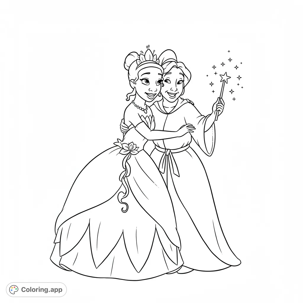 A heartwarming Princess Tiana coloring page featuring her gentle hug with a kind fairy godmother. Perfect for magical moments.