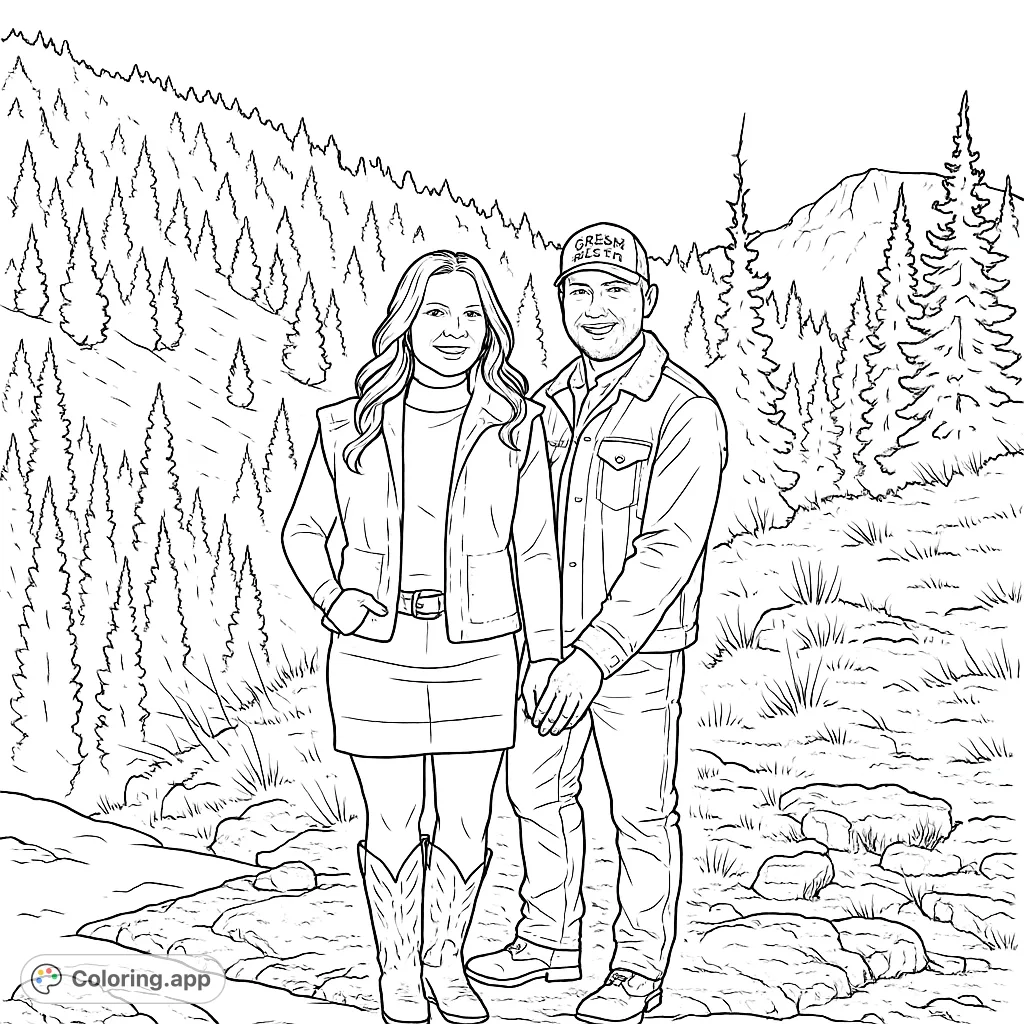 Color a couple standing on a rocky, snowy mountain path with a dense pine forest and distant peaks, perfect for nature and portrait enthusiasts.