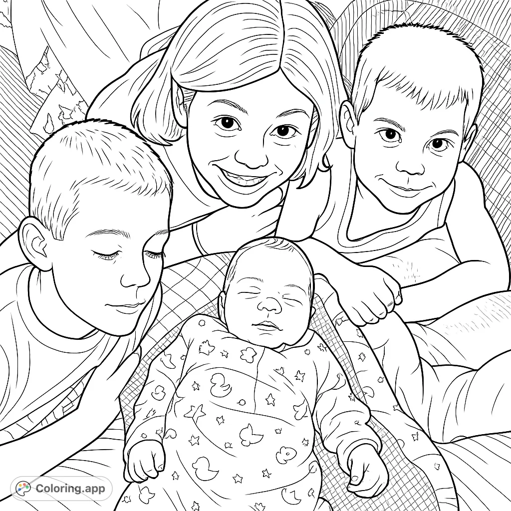 A tender family moment with four siblings, including a newborn baby, perfect for a heartwarming coloring experience. Capture their joy!