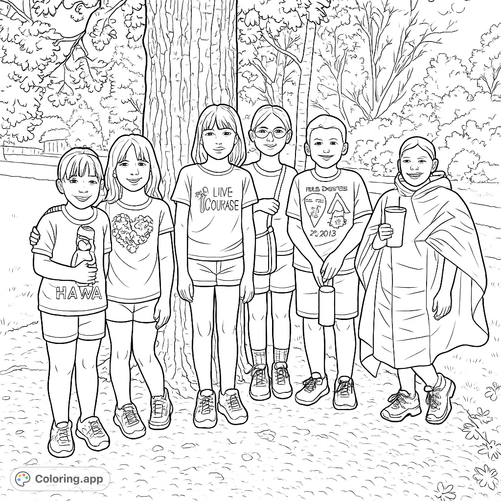 A delightful group of six children posing by a large tree, ready for an outdoor adventure. Perfect for a fun, engaging coloring experience.