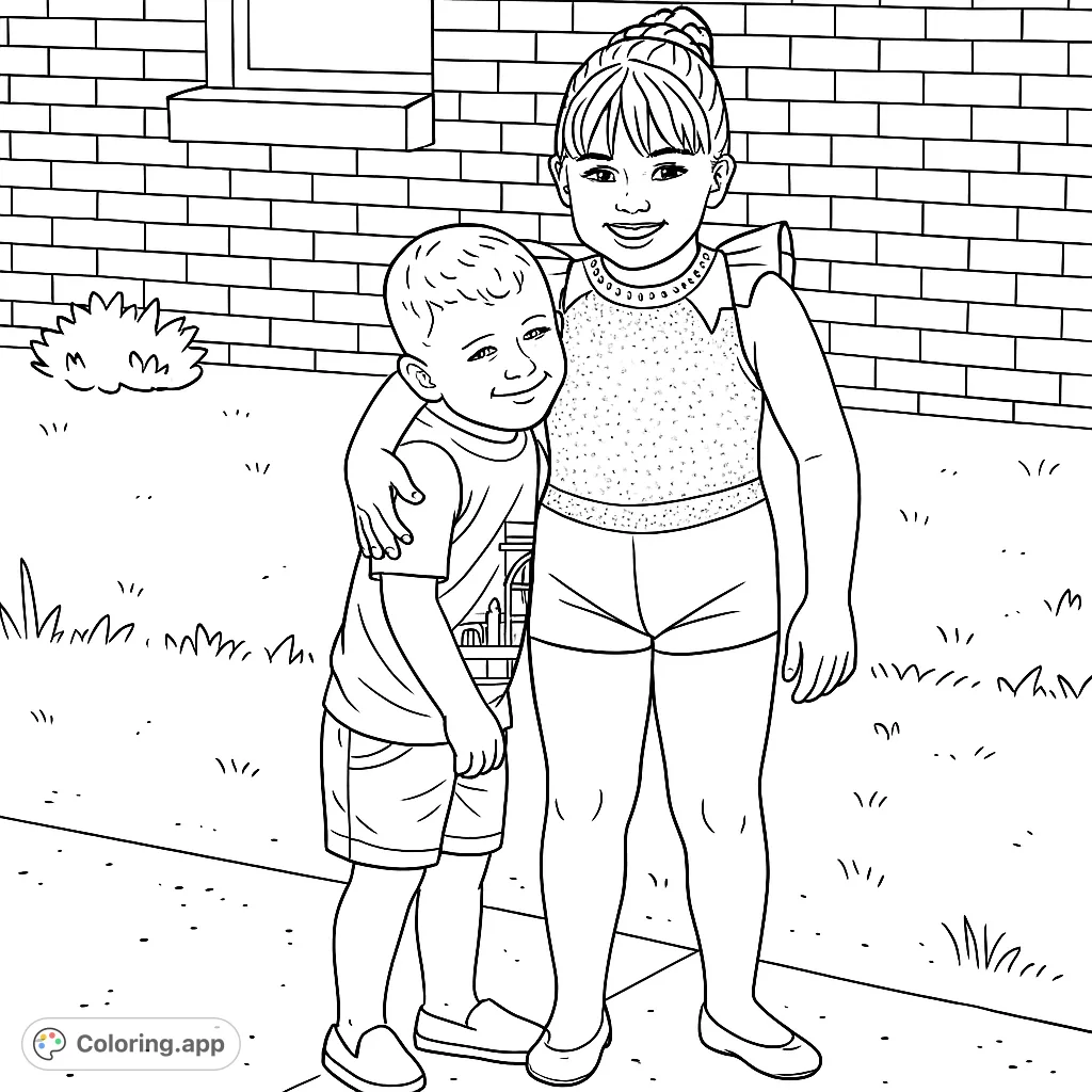 A heartwarming coloring page featuring two smiling children, a girl in a sparkly dance outfit and a boy, sharing a joyful hug.