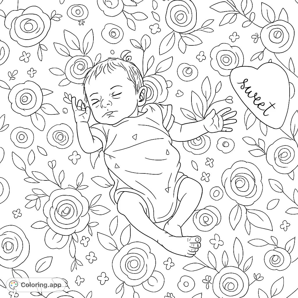 A peaceful newborn baby sleeps soundly on a beautiful floral blanket, perfect for a heartwarming baby coloring page.