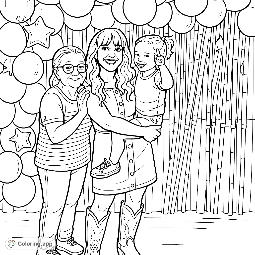 A joyful family portrait with three generations surrounded by festive red, white, and blue balloons and streamers, perfect for patriotic coloring fun.