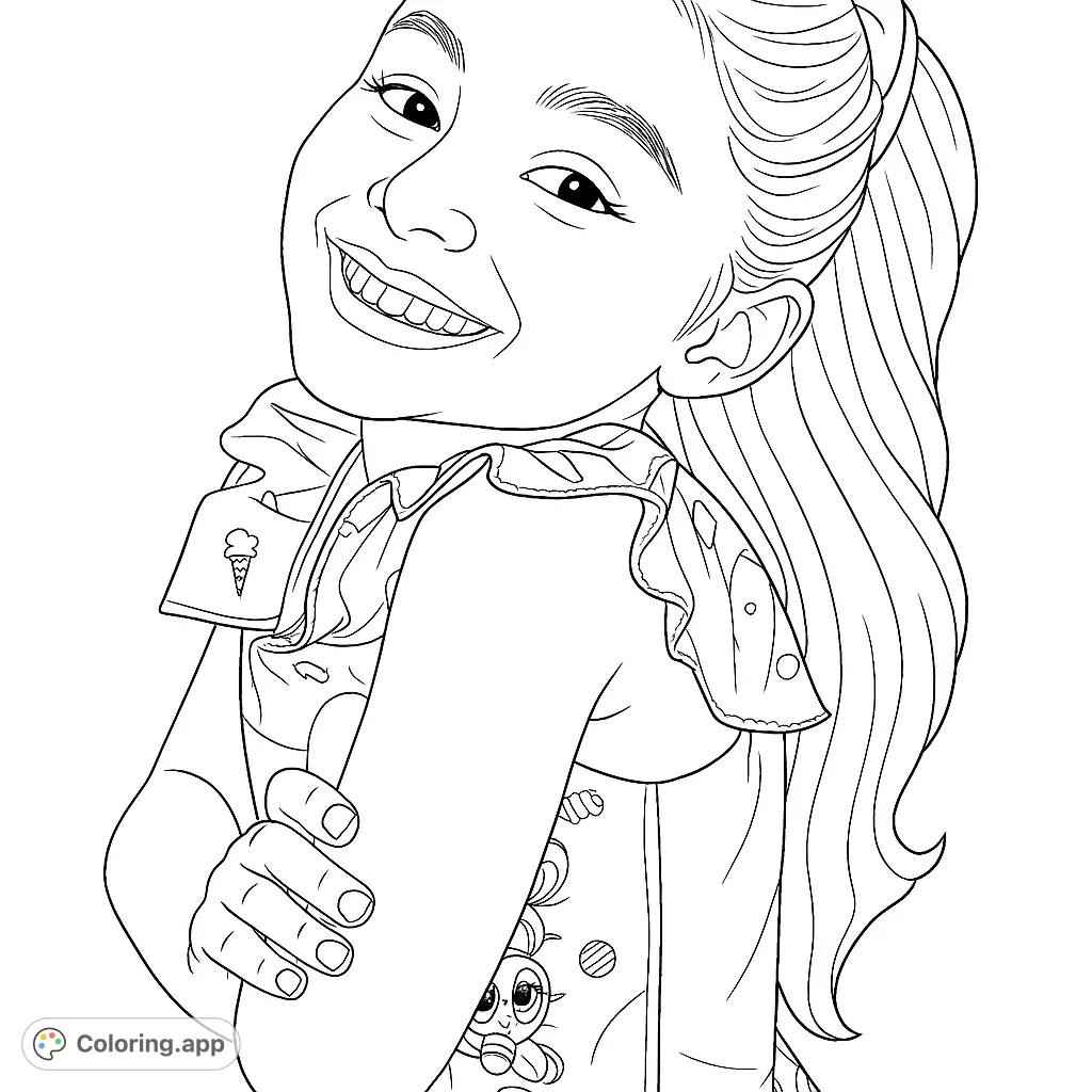 A cheerful girl in a charming ruffled dress adorned with whimsical patterns, perfect for a delightful coloring experience. Features a bright smile and detailed attire.