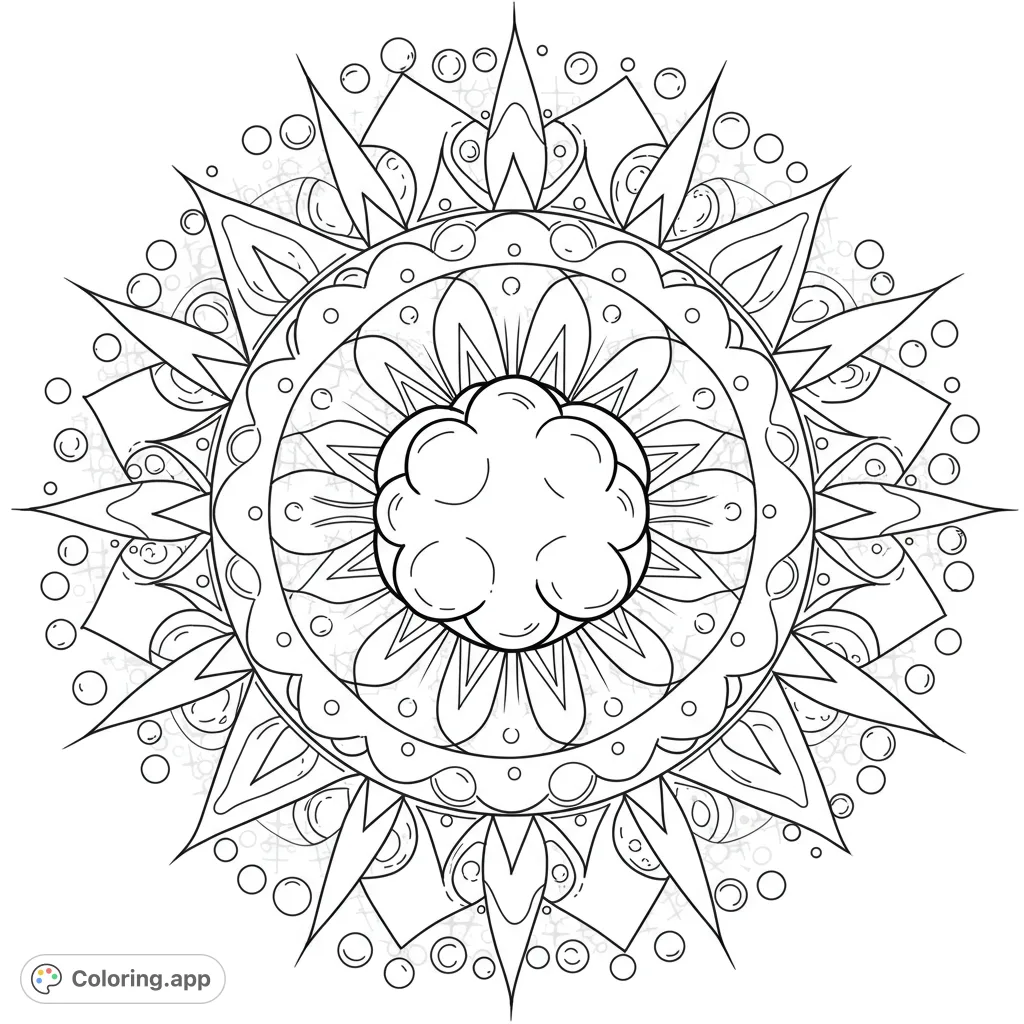 A captivating circular mandala design with radiating patterns and starbursts, centered around chunky bubble shapes, perfect for mindful coloring and relaxation.