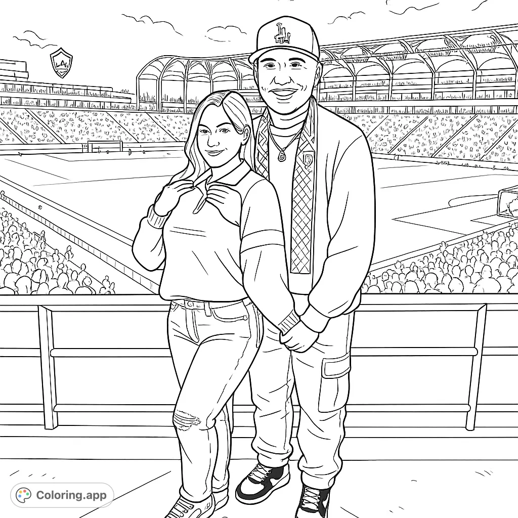 A happy couple at a bustling stadium, ready for a game. Features detailed crowd, bright field, and clear foreground elements for a fun coloring experience.