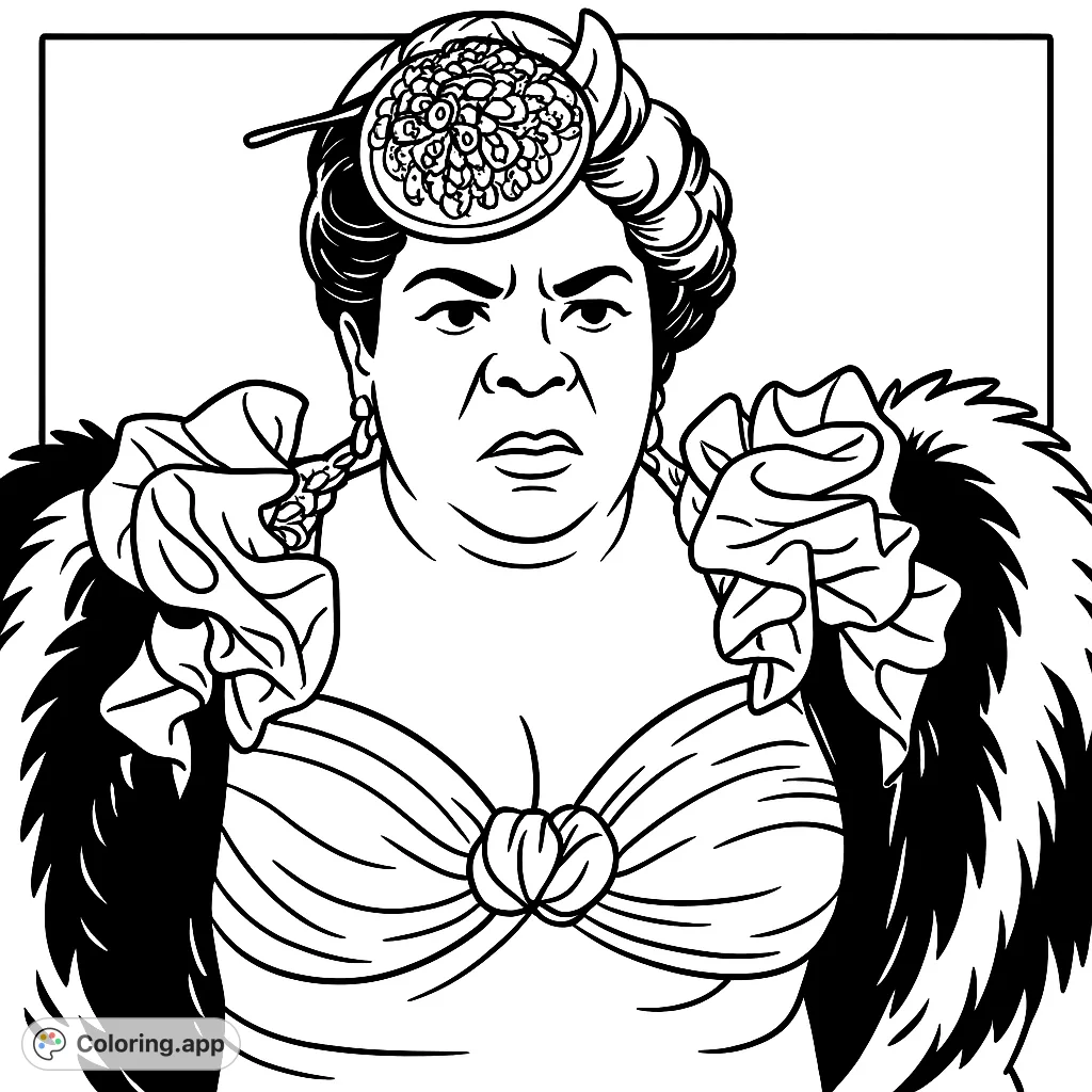 Color a regal woman in a stunning gold gown with fur details and an ornate hat. A sophisticated design for fashion and portrait enthusiasts.