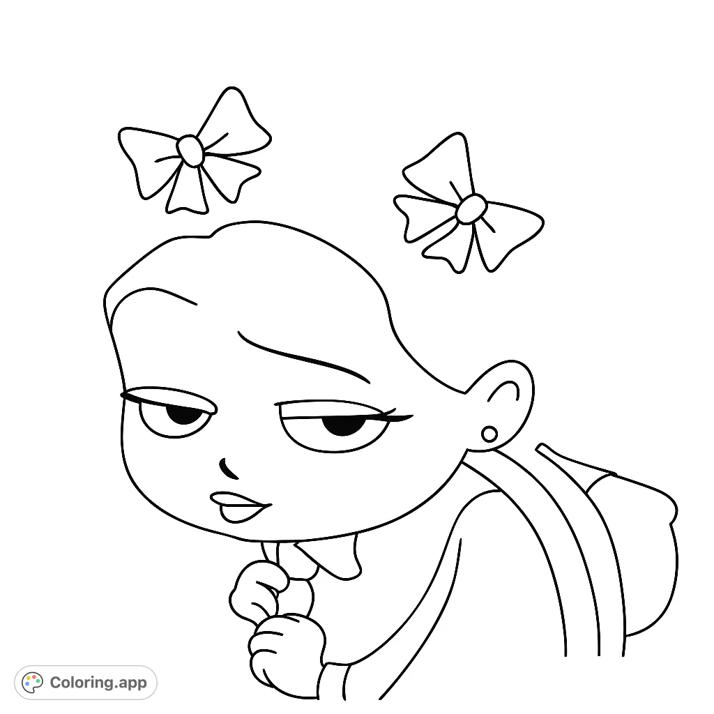 Color a sassy cartoon girl with big eyes, pigtails, and bows. A fun, expressive character perfect for creative coloring.