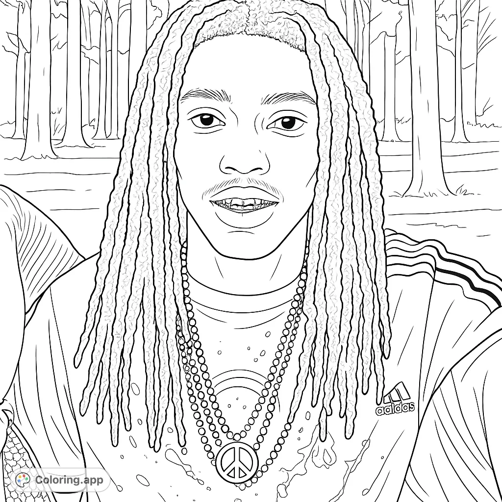 A captivating portrait of a young man with dreadlocks and beaded necklaces, set against a natural background. Perfect for detailed coloring.