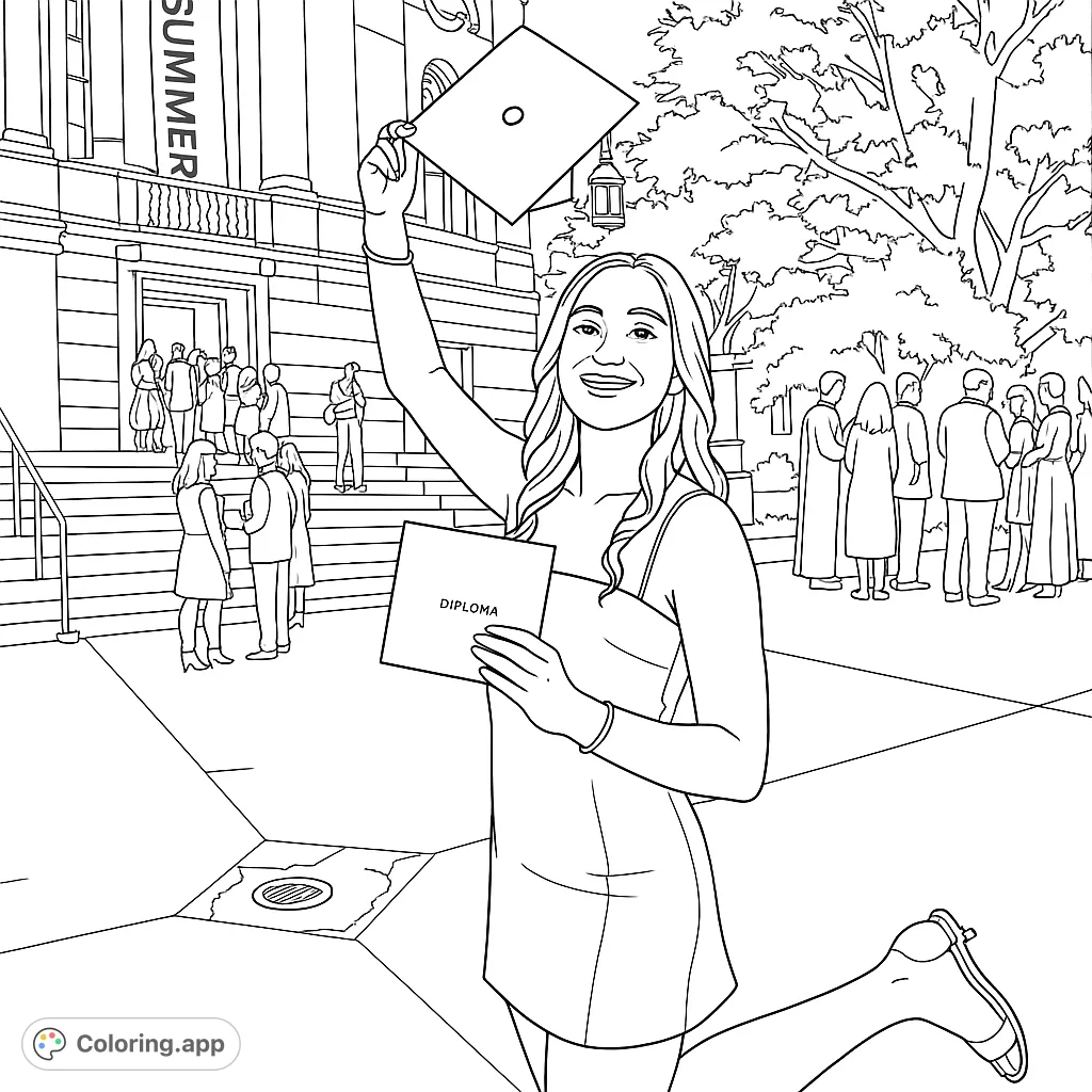 Celebrate success with this graduation scene featuring a joyful graduate holding her cap and diploma, ready for a bright future.
