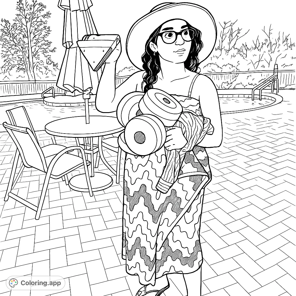 A person in a wide-brimmed hat and patterned wrap stands by a pool, holding aqua weights and a towel, ready for a refreshing swim.