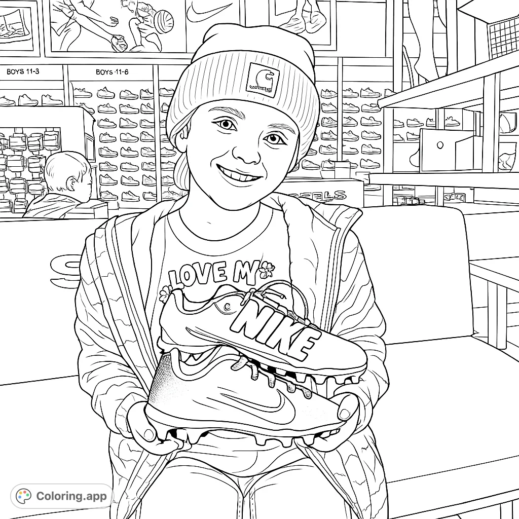 A happy girl proudly displays her new sports cleats, ready for adventure. A fun, sporty coloring page for all ages.