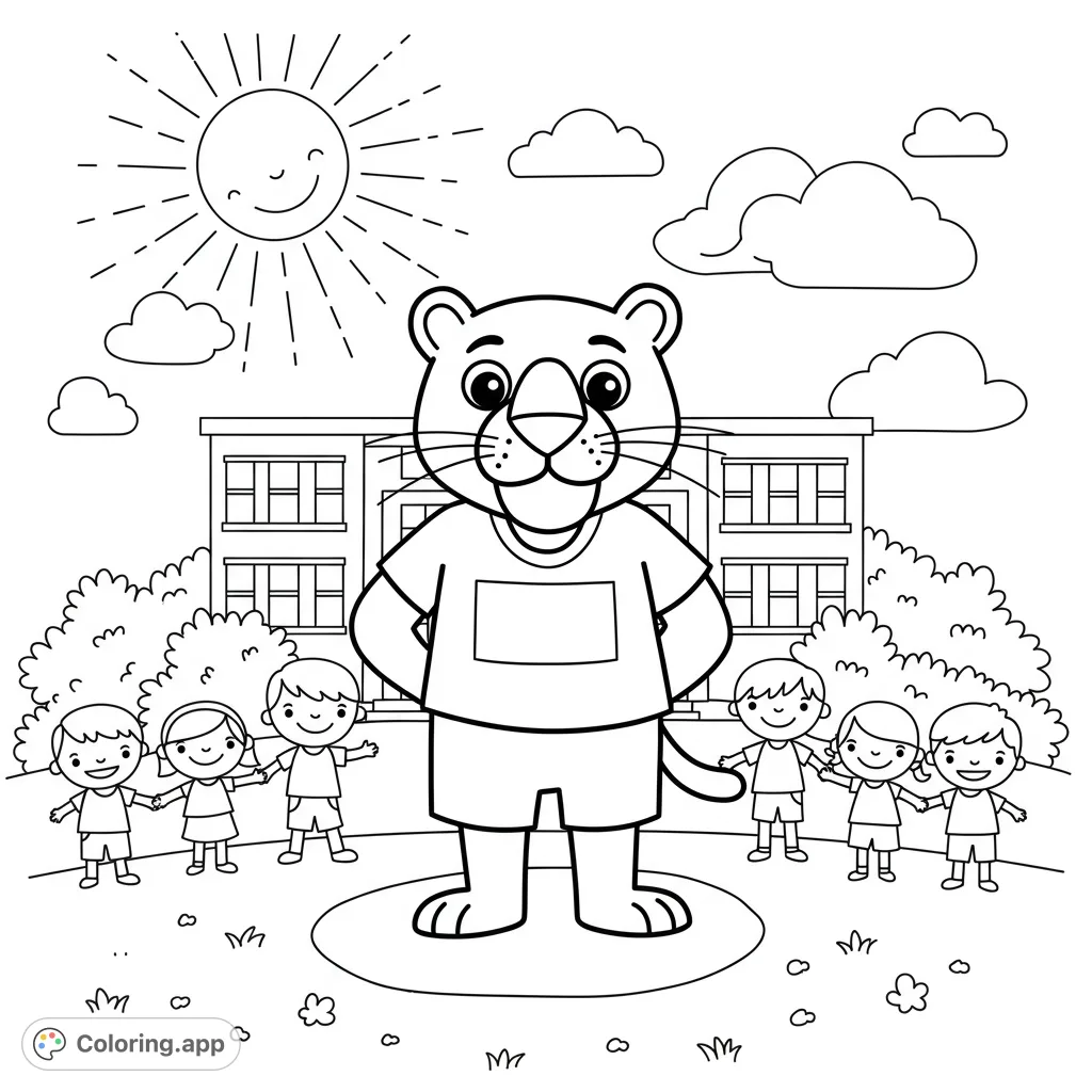 A delightful panther mascot stands proudly before a school, surrounded by children and cheerful elements, perfect for a fun, engaging coloring experience.