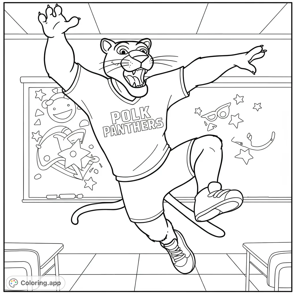 A dynamic black and white line drawing of a brave panther mascot leaping in a classroom, surrounded by desks and a blackboard with stars and hearts. Perfect for all ages!