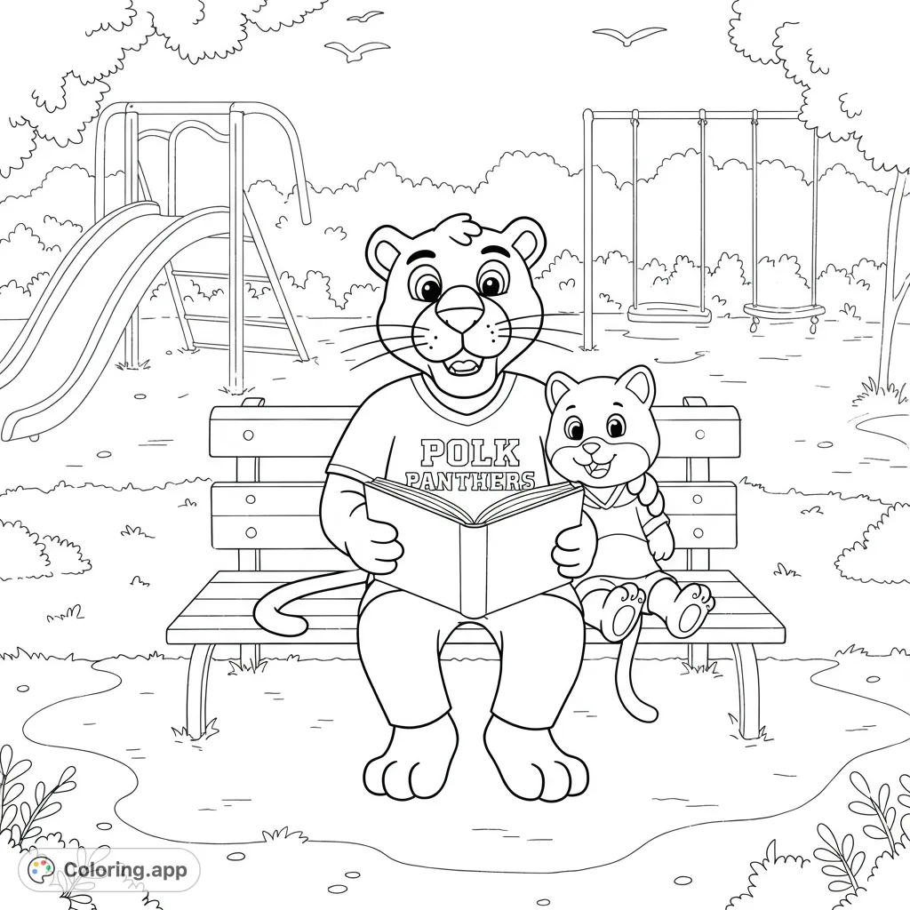 A charming panther mascot shares a book with a friend on a park bench, promoting friendship. A delightful, free printable coloring page for all ages.
