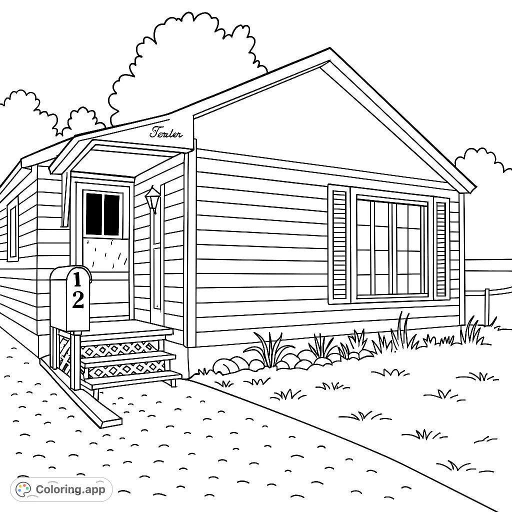 Color a charming single-story house with a welcoming porch, detailed siding, and a gravel driveway. Perfect for home-themed creativity.