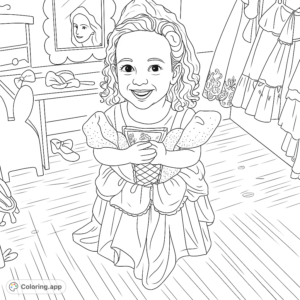A delightful princess dress-up coloring page featuring a smiling girl in a beautiful gown, surrounded by playful room details. Perfect for imaginative fun!