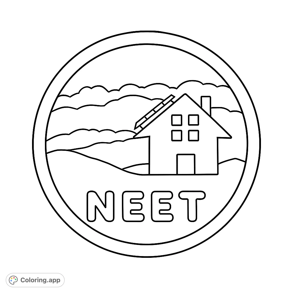 A serene solar house silhouette within a circular frame, set against a beautiful sunset. Perfect for eco-friendly and nature-themed coloring.