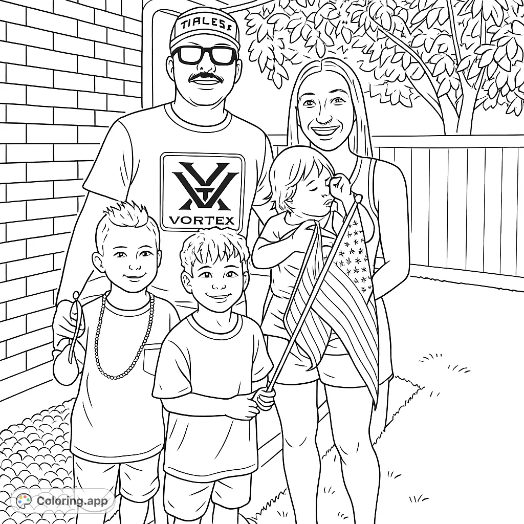 A heartwarming patriotic family portrait featuring parents, three children, and an American flag, perfect for celebrating national pride and family bonds.