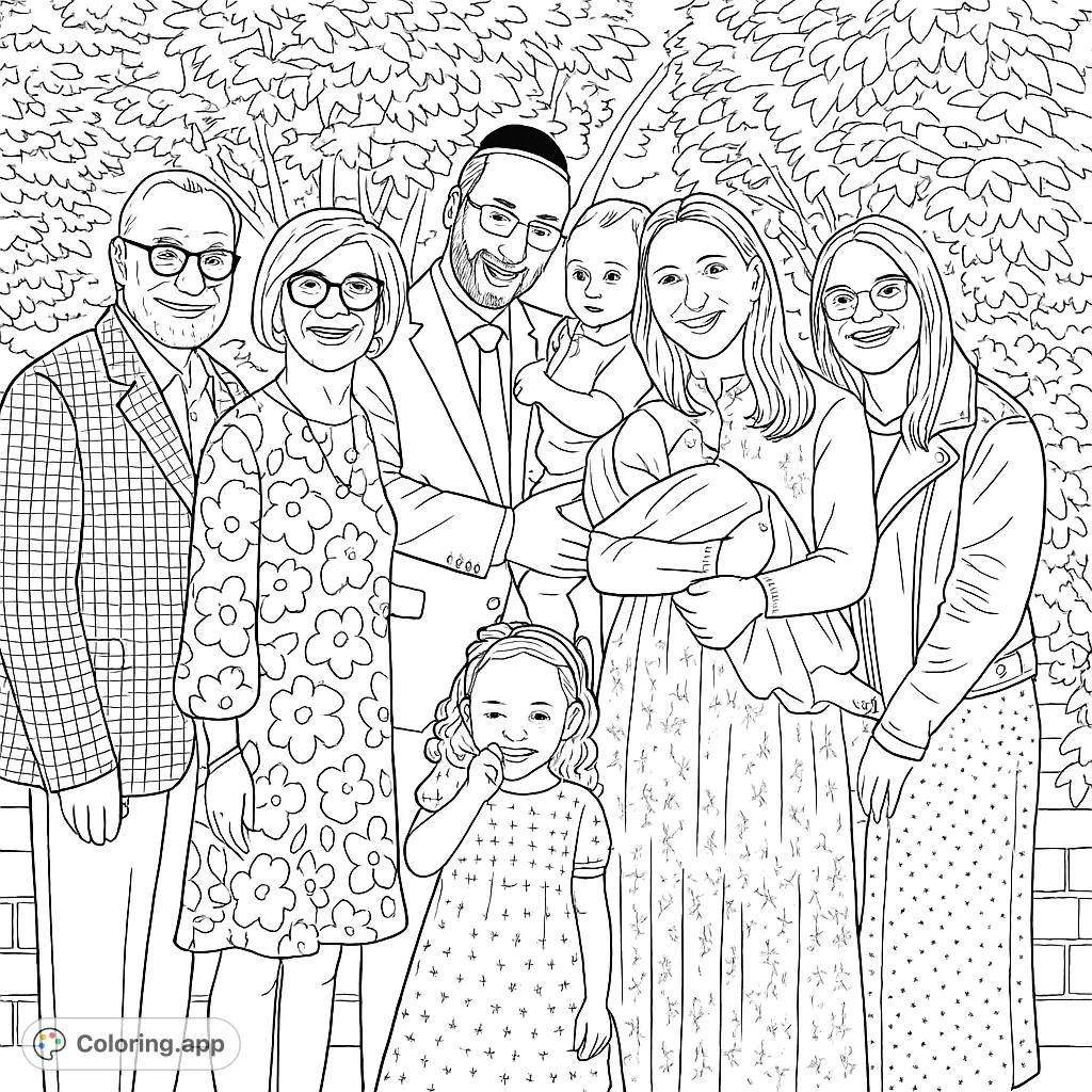 A heartwarming multi-generational family portrait featuring six smiling individuals, including a newborn and toddler, set against a lush outdoor backdrop.