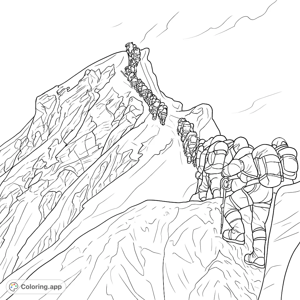 An epic mountain climbing coloring page featuring a long line of adventurers ascending a snowy, rugged peak under a vast sky. Perfect for challenge seekers.