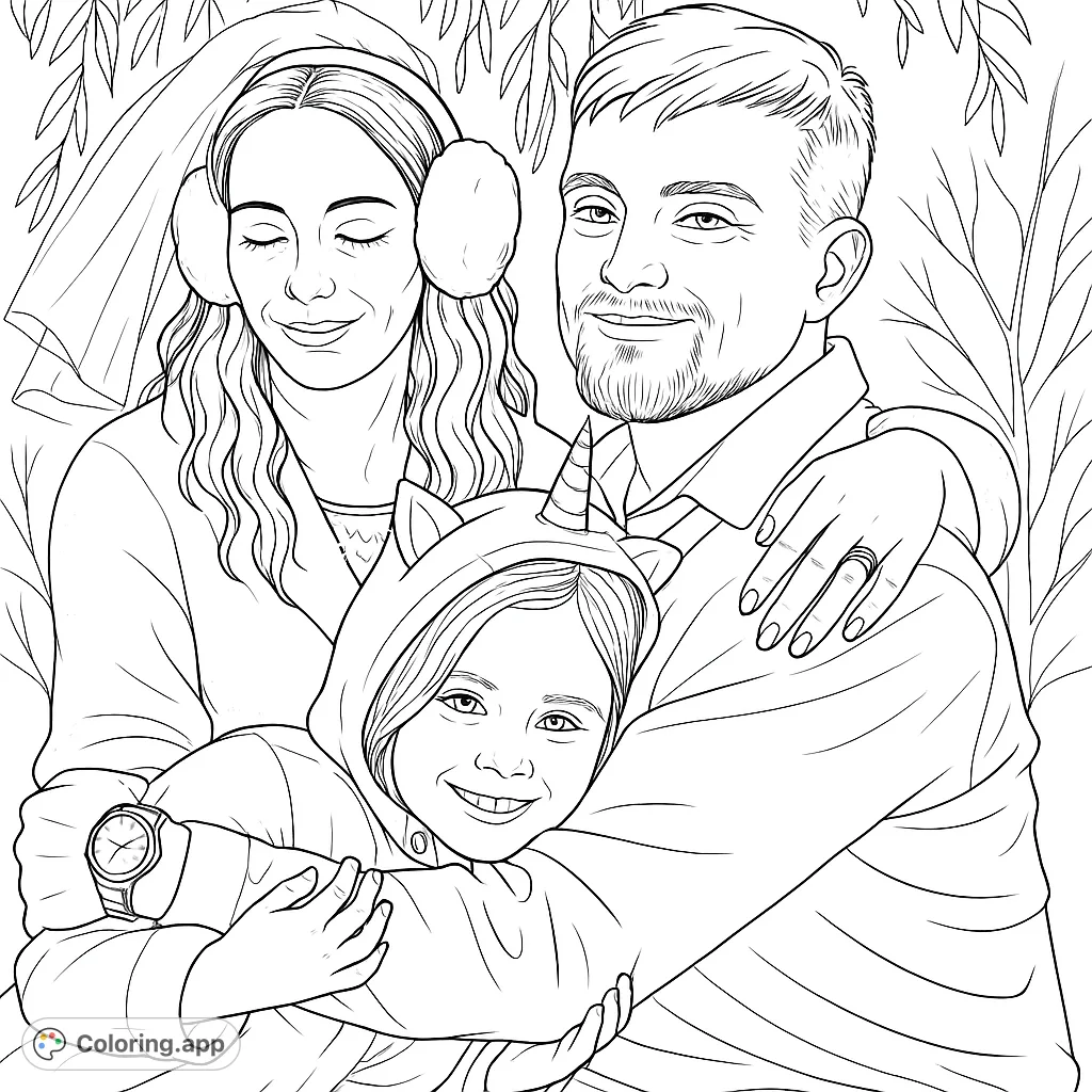 A heartwarming family portrait featuring a man, woman, and child in a unicorn hoodie, embracing outdoors. Perfect for a cozy coloring session.