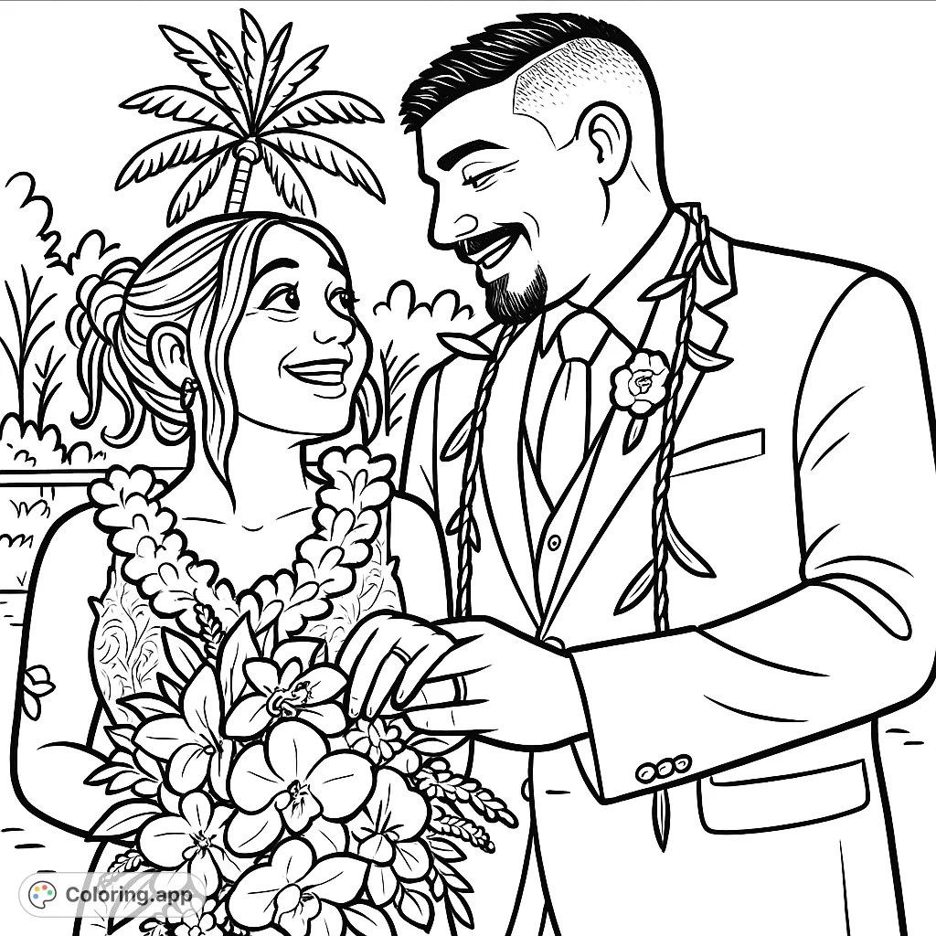 Celebrate love with this tropical wedding coloring page featuring a happy bride and groom, intricate flowers, and palm trees. A romantic scene for all ages.