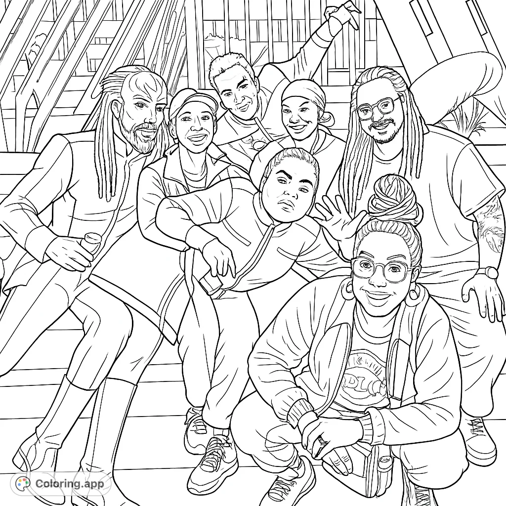 A diverse group of seven individuals, some in futuristic uniforms, gather in a modern setting, ready for adventure. Perfect for sci-fi fans!