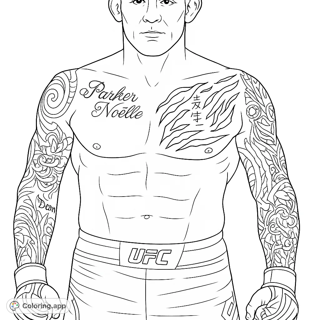 An intense fighter with a muscular physique and intricate full-sleeve tattoos, wearing MMA gloves and fight shorts. A challenging and detailed coloring page.