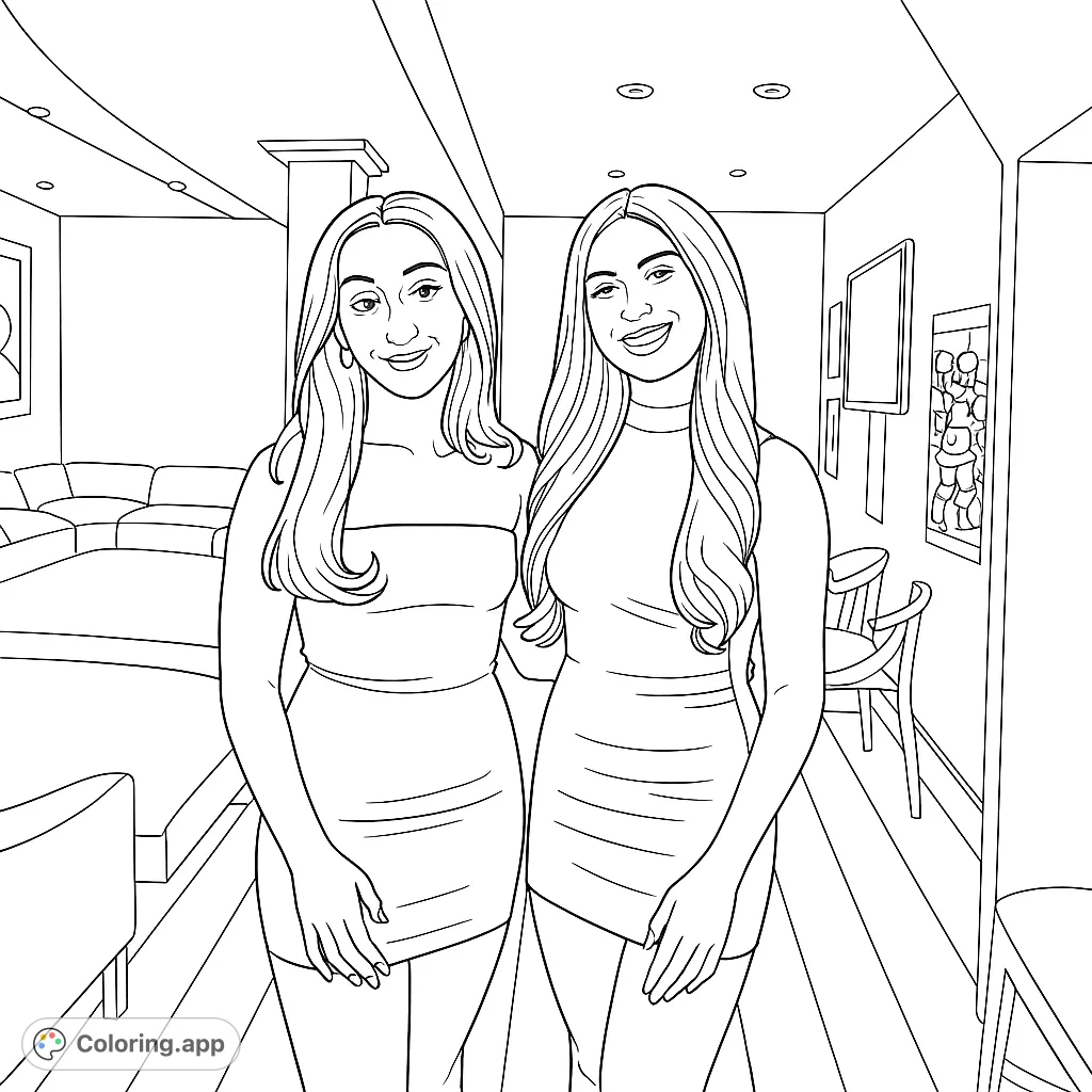 A vibrant party scene featuring two smiling friends in stylish dresses, ready for a fun night. Perfect for fashion and friendship coloring page enthusiasts.