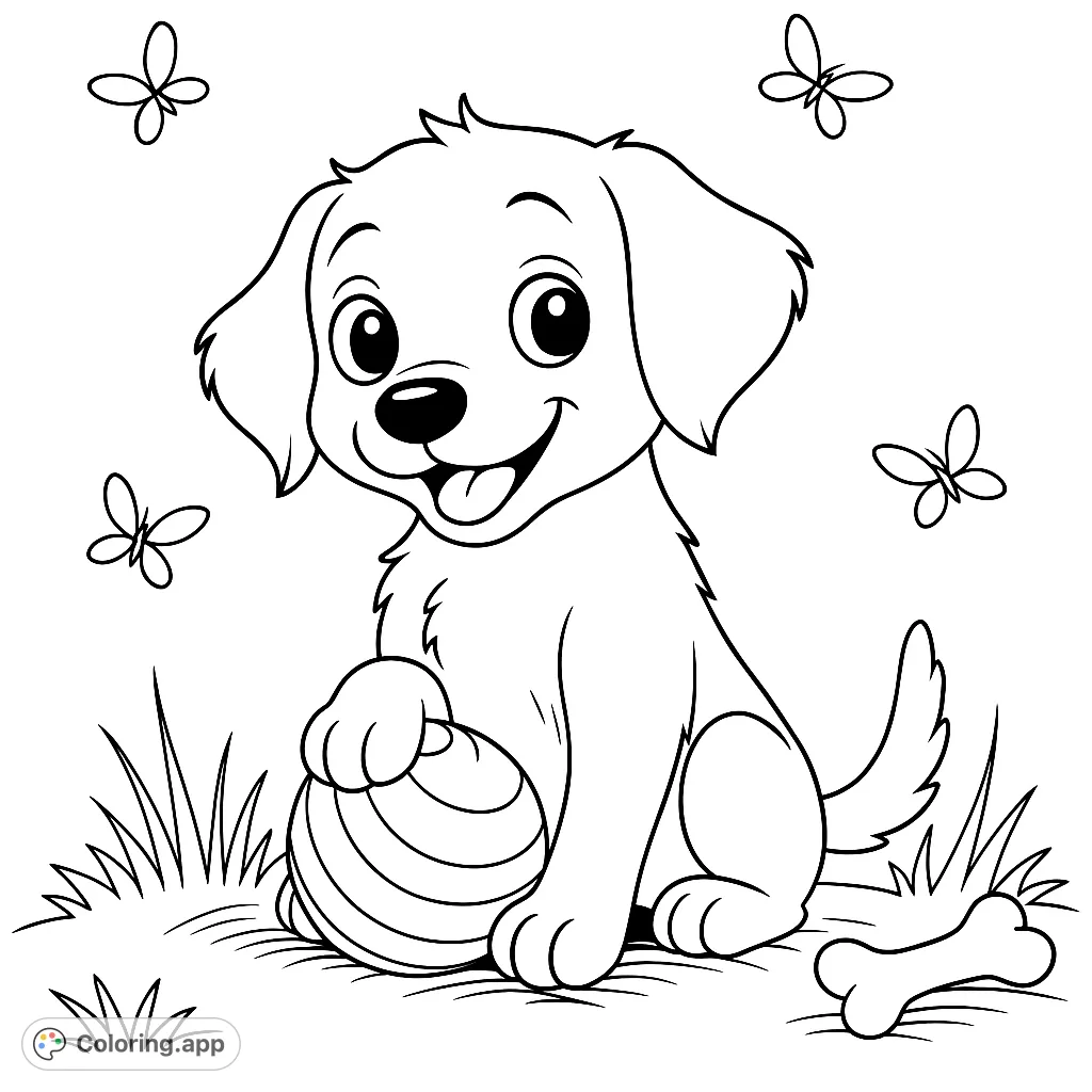 A delightful puppy plays with a striped ball, surrounded by butterflies and grass. A charming free printable puppy coloring page for kids.