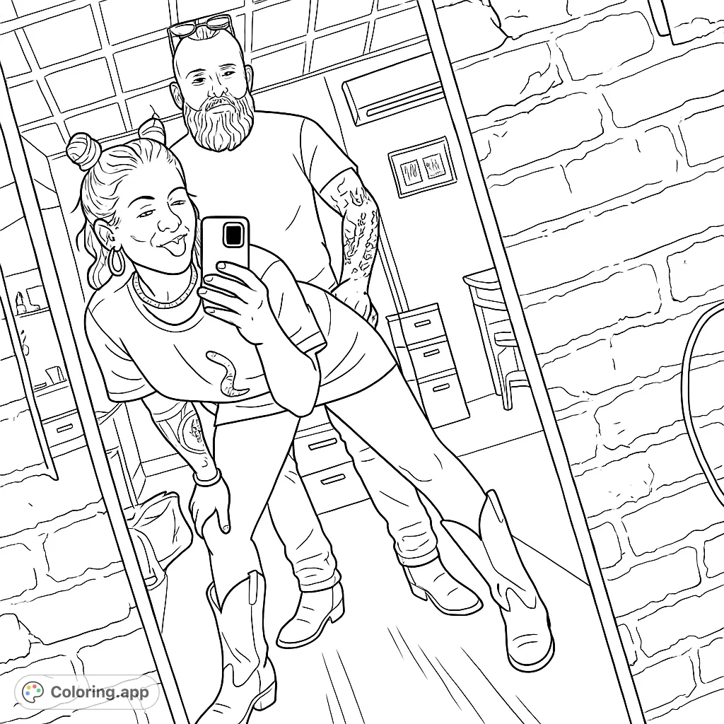 A stylish couple poses for a mirror selfie, featuring cowboy boots, tattoos, and a rustic-chic background. Perfect for modern coloring fun.