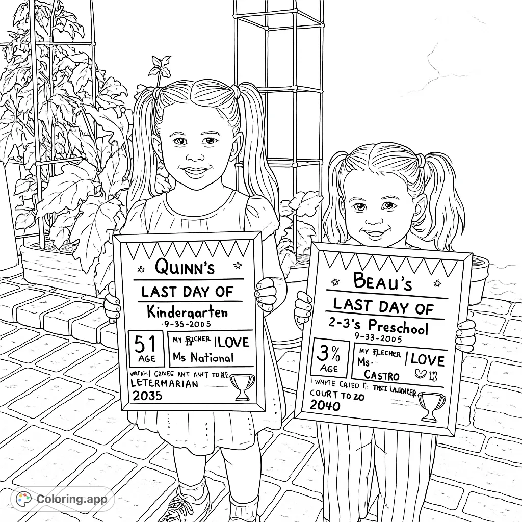 Two happy girls hold 'Last Day of School' signs on a brick patio, surrounded by garden plants. Perfect for celebrating milestones!