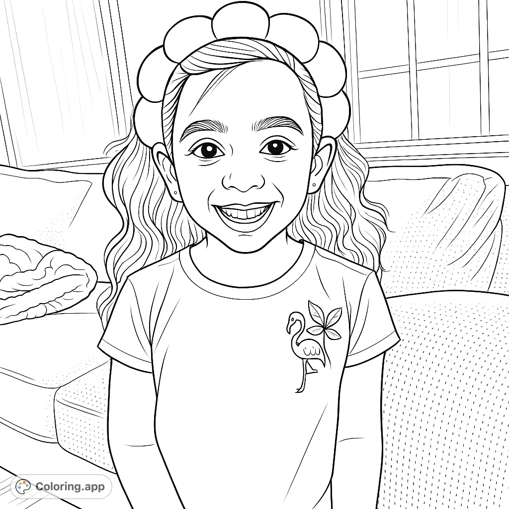 A joyful girl with a unique flower headband and a flamingo shirt, ready for creative coloring. Perfect for kids and adults to personalize with vibrant hues.