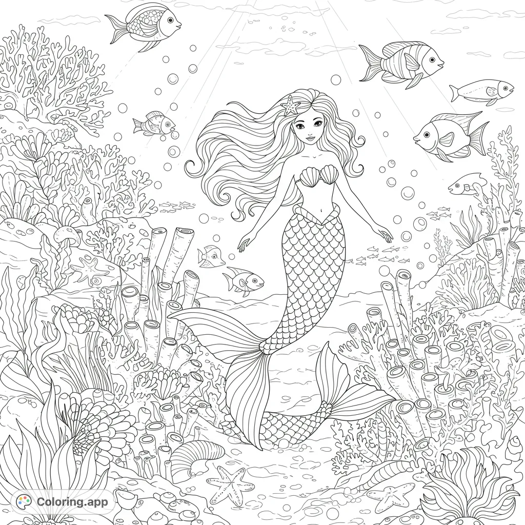 Dive into a magical ocean scene featuring a graceful mermaid amidst vibrant coral and playful fish. A free printable mermaid coloring page for all ages.