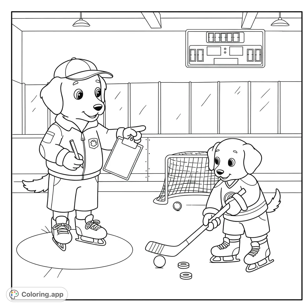 A charming ringette coloring page featuring two dogs in an arena, one coaching the other, perfect for sports and animal lovers of all ages.