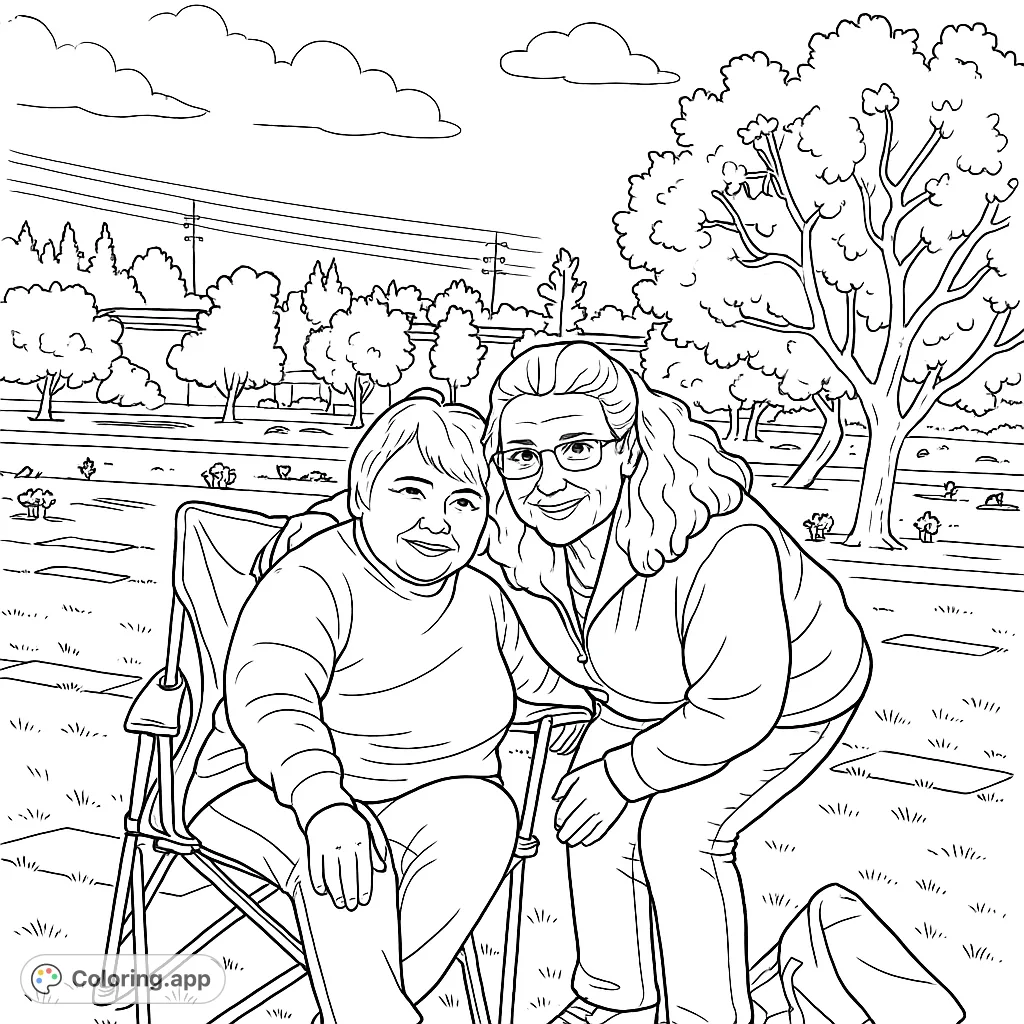 A heartwarming outdoor scene featuring two women sharing a tender moment. Perfect for celebrating friendship and connection with detailed lines for a delightful coloring experience.