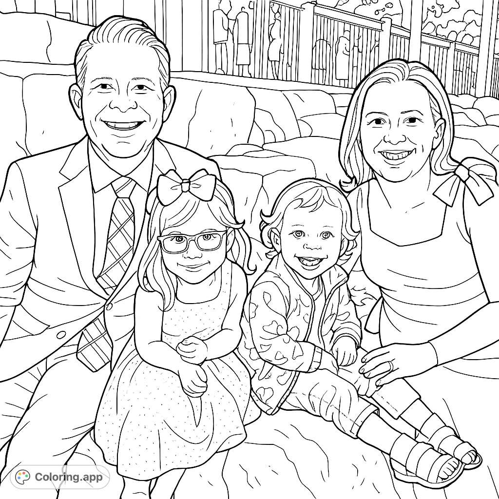 A heartwarming family portrait featuring a man, woman, and two smiling girls seated on rocks, perfect for a joyful coloring experience.