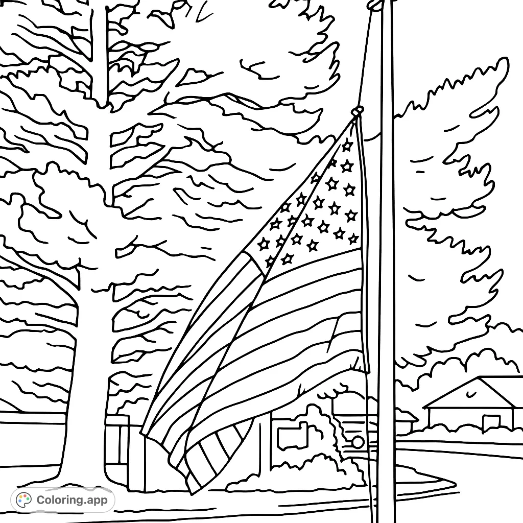 Color a patriotic American flag waving from a flagpole, set against a large tree and open sky. Perfect for celebrating national pride.