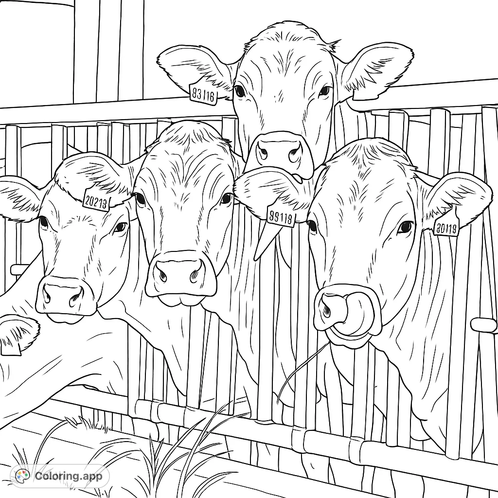 A charming farm scene featuring four curious cows peeking through a fence, ready for you to bring them to life with your favorite colors.