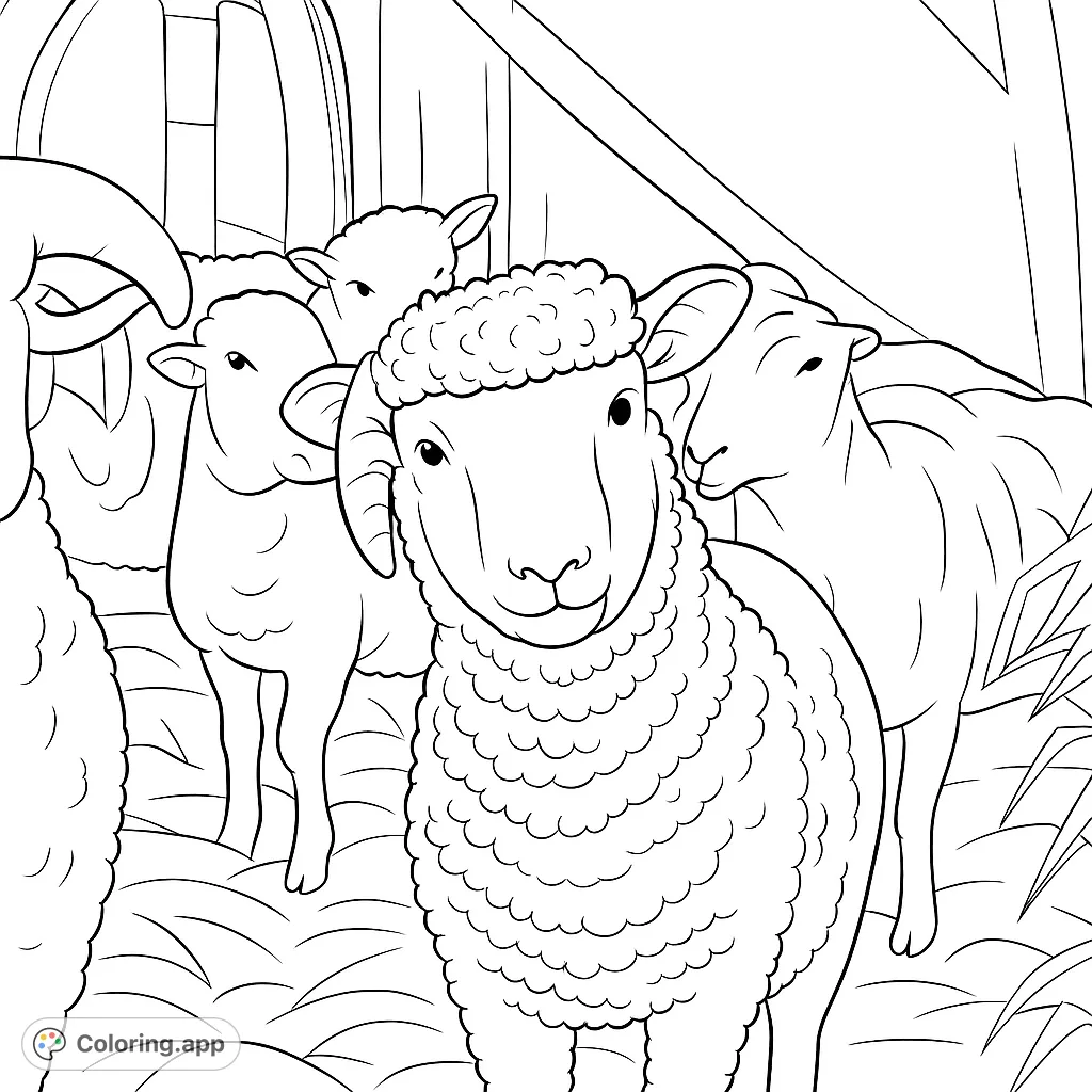 A charming sheep with small horns gazes directly, surrounded by its flock in a cozy barn. Perfect for animal lovers.