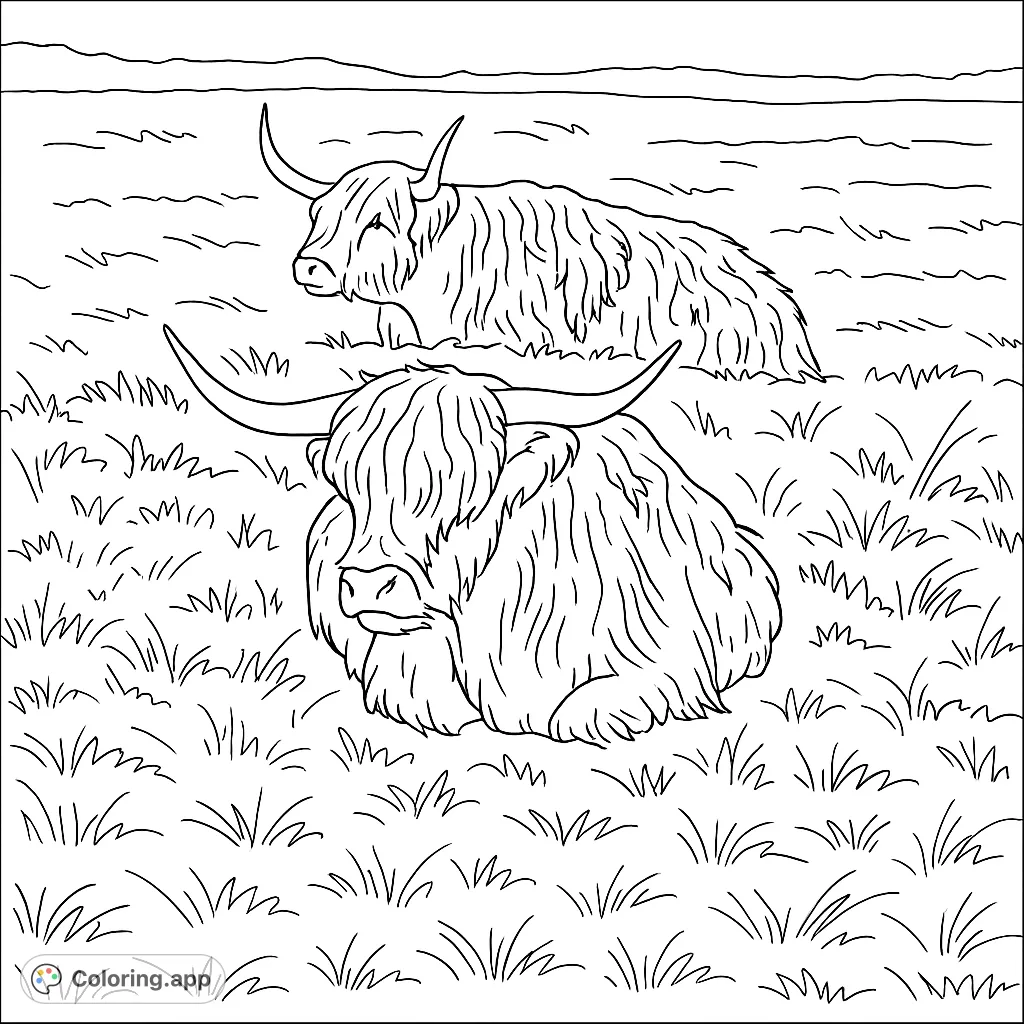 Discover two majestic Highland cattle resting in a textured field. A free printable Highland cattle coloring page for nature and animal lovers.