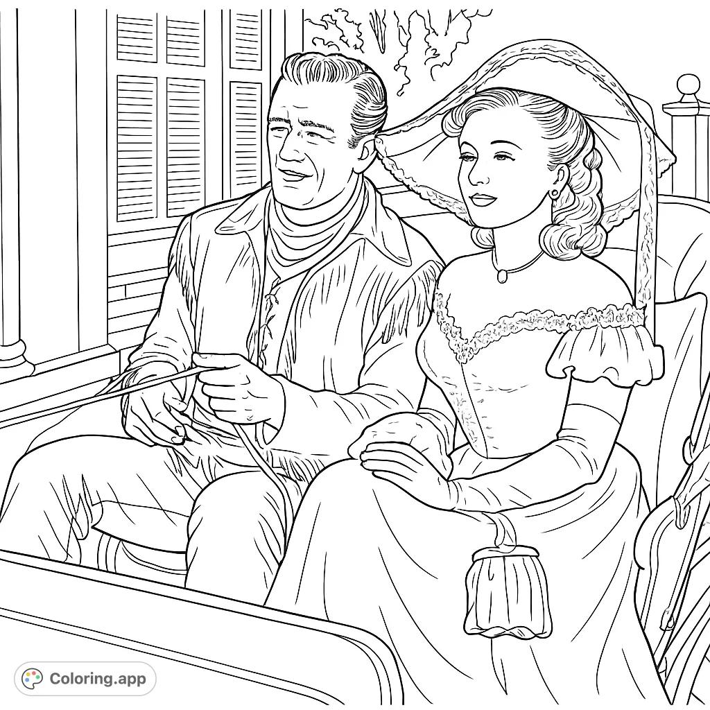 Step back in time with this historic carriage scene coloring page. A couple enjoys a ride, featuring detailed period attire and a classic setting.