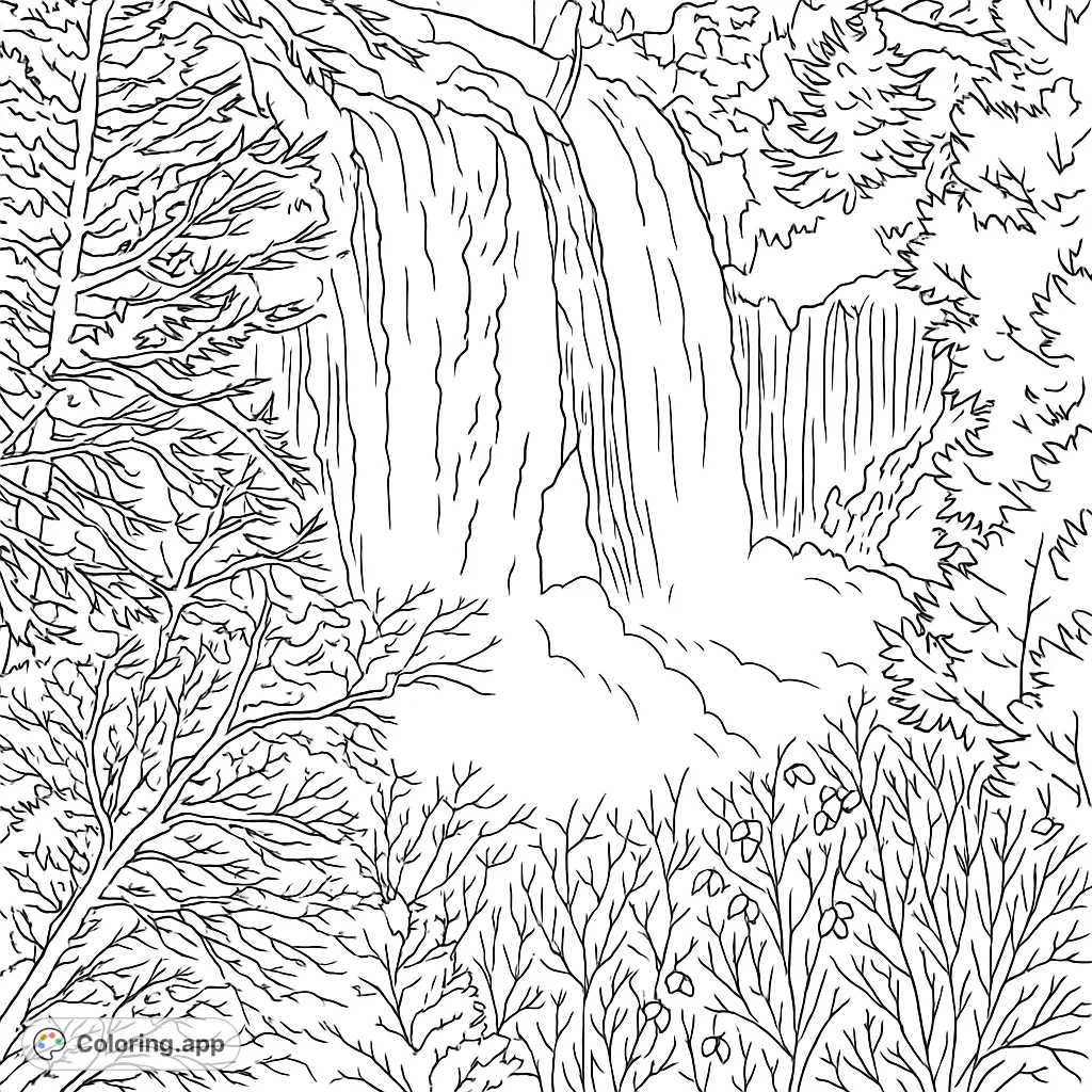 Experience the power of nature with this majestic waterfall coloring page. Intricate lines capture cascading water, rocky cliffs, and lush trees.