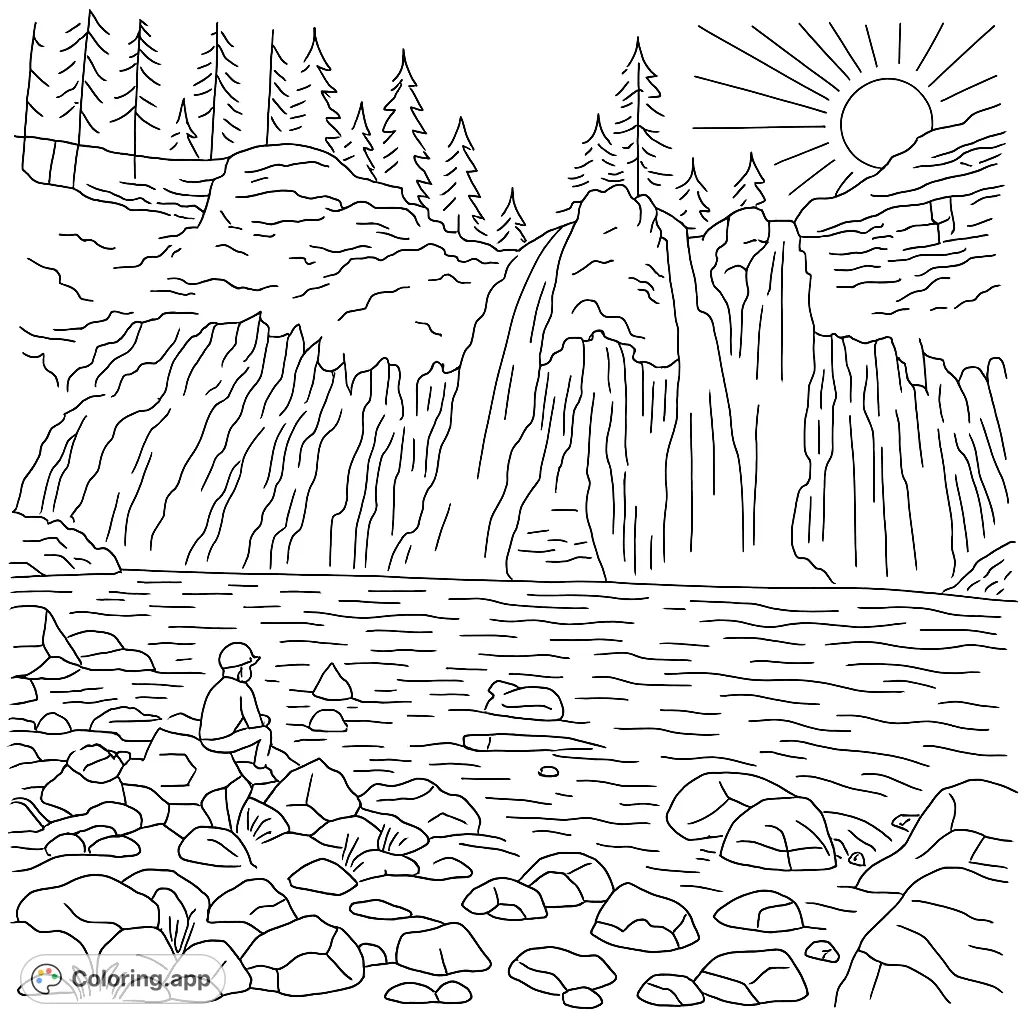 Experience the grandeur of a multi-tiered waterfall cascading into a rocky pool, with a lone observer. A detailed nature scene for serene coloring.