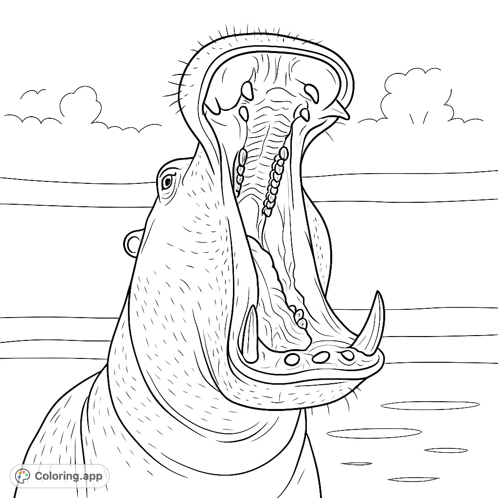 Discover a powerful hippo with its massive mouth wide open, showcasing impressive tusks and intricate interior details. A captivating wildlife coloring page perfect for nature enthusiasts.
