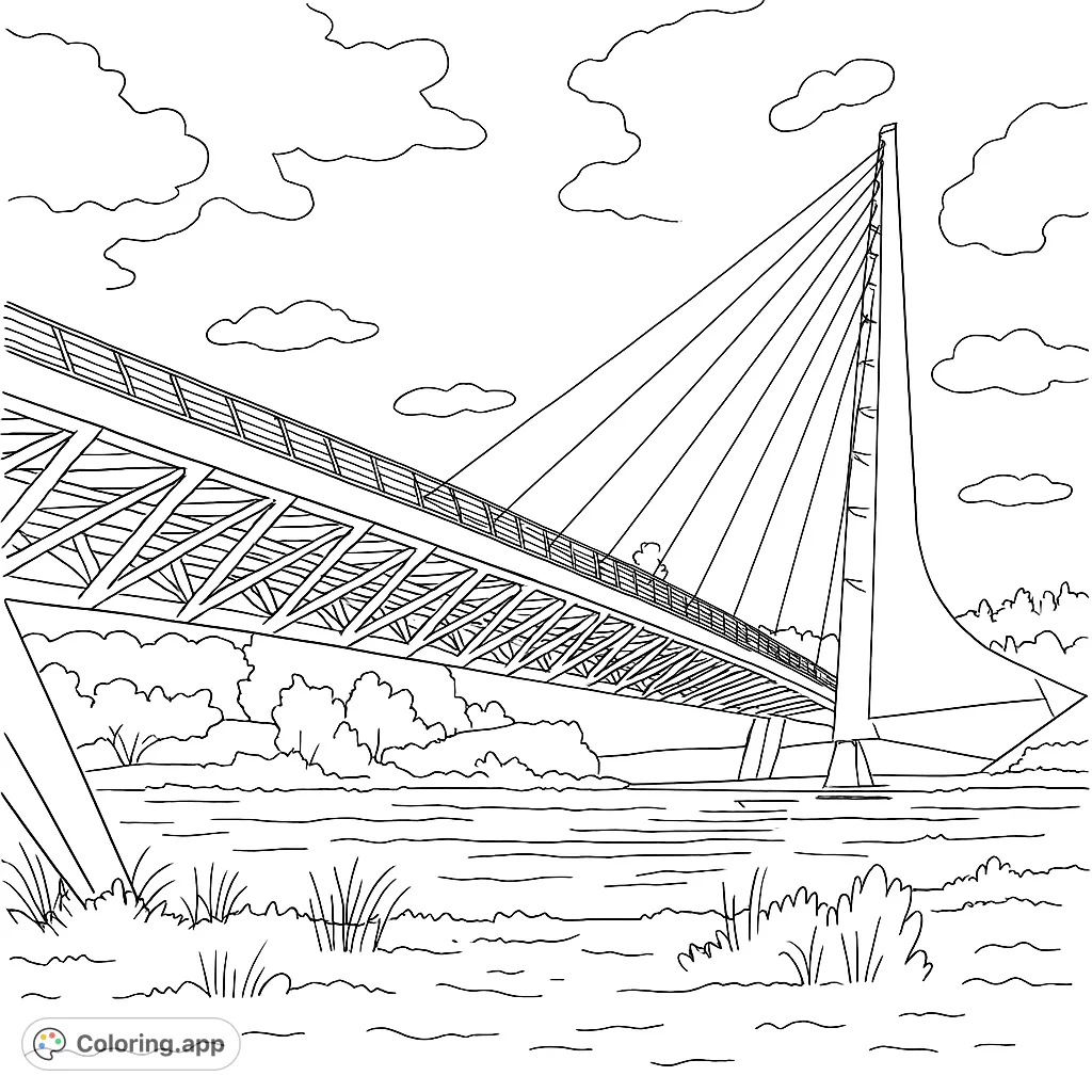 Explore a striking modern pedestrian bridge spanning a river, featuring a tall pylon and intricate cable design. A captivating architectural scene.